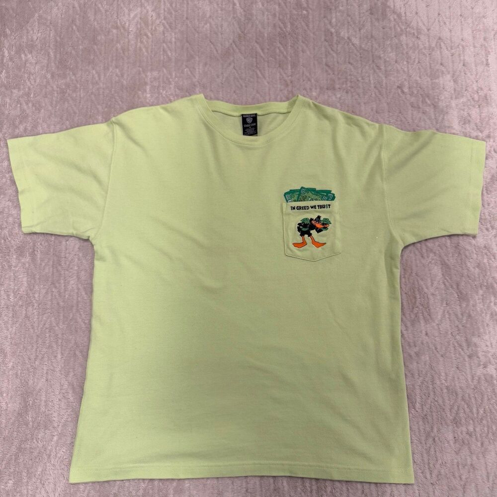 Vintage Warner Bros Studio Daffy Duck “In Greed We Trust” embroidered Shirt Sz M